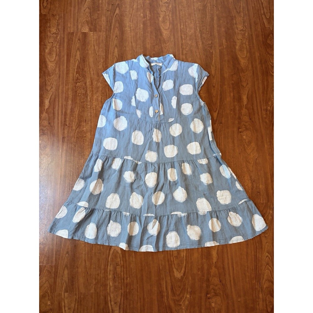 Liabella Italian Mock Collar Shift Dress Blue Polkadot Linen Medium Midi Dress